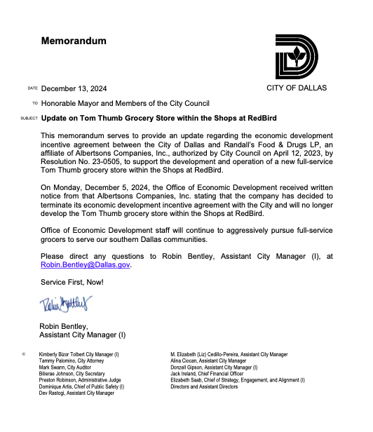 Memo released by the Assistant City Manager about Albertsons' change of plan concerning the Tom Thumb store to be opened at Red Bird.