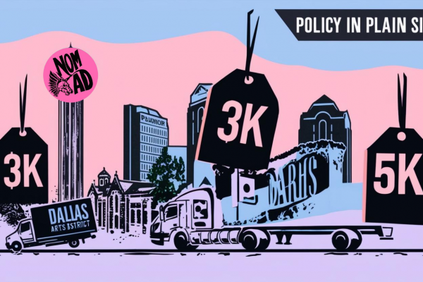 Policy in Plain Sight: The Tangible Costs of Trump’s Tariffs on Dallas Stylized depiction of Dallas skyline overlaid with arrows converging, symbolizing the impact of tariffs.