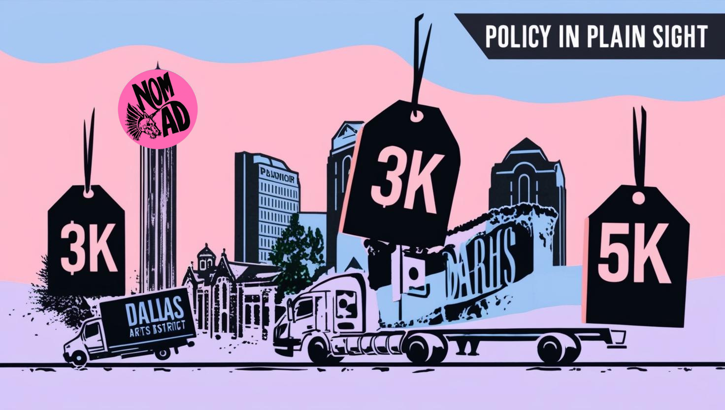 Stylized depiction of Dallas skyline overlaid with arrows converging, symbolizing the impact of tariffs.